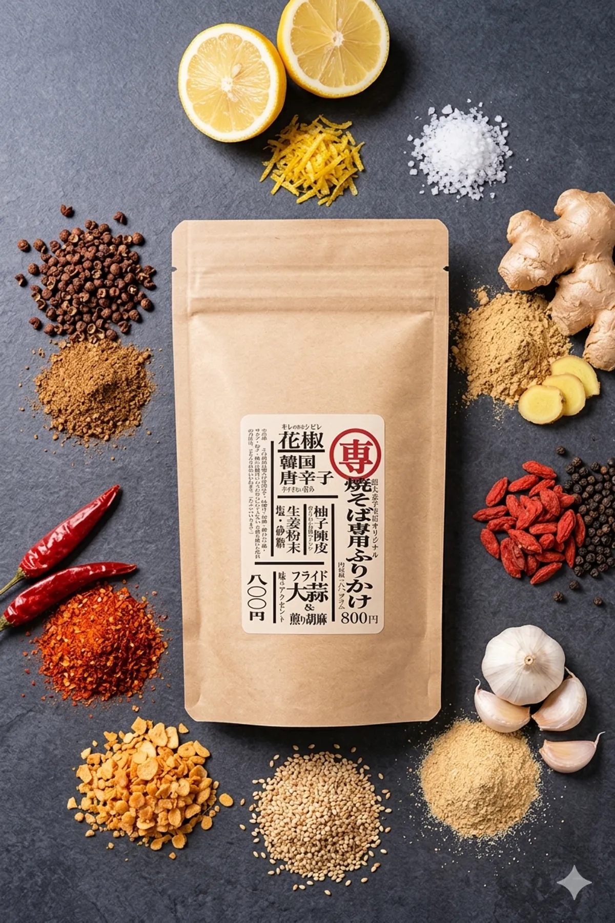 想夫恋 宇美店 焼きそば専用ふりかけ 商品パッケージ｜花椒・柚子陳皮の味変ふりかけ 通販 80g 800円