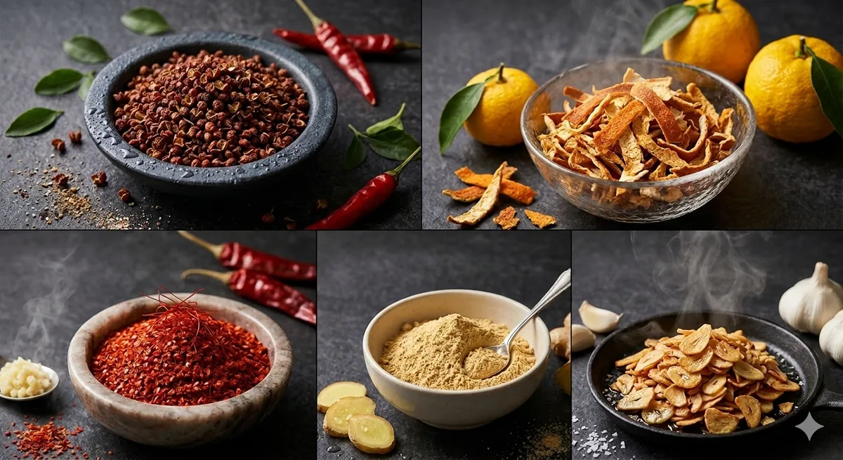 想夫恋ふりかけの素材 花椒・柚子陳皮・韓国唐辛子・生姜・フライド大蒜｜福岡 糟屋郡宇美町の焼きそば専用ふりかけ原材料